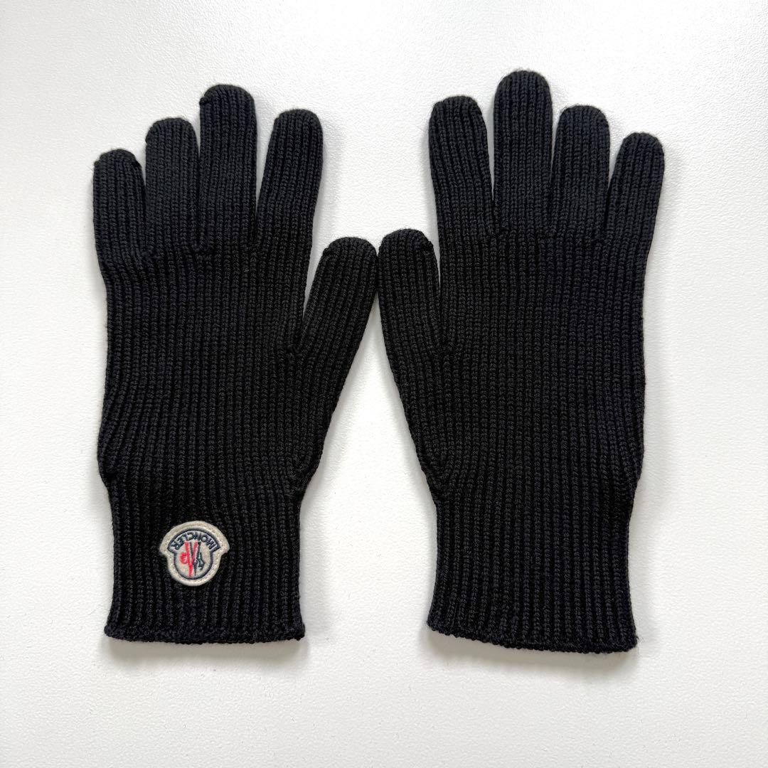 モンクレール 手袋 ニット グローブ ウール 100% 黒 Lサイズ メンズロゴ