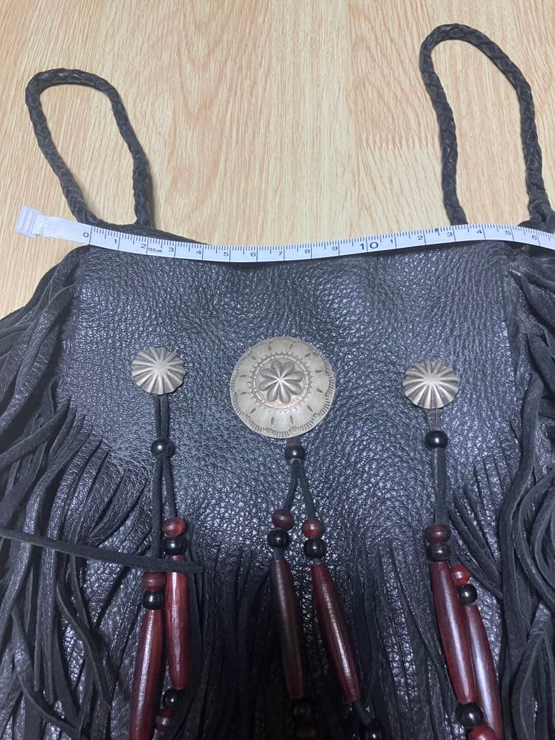 本革 メディスンバッグ ブラックレザーフリンジボディバッグ バンドメイド