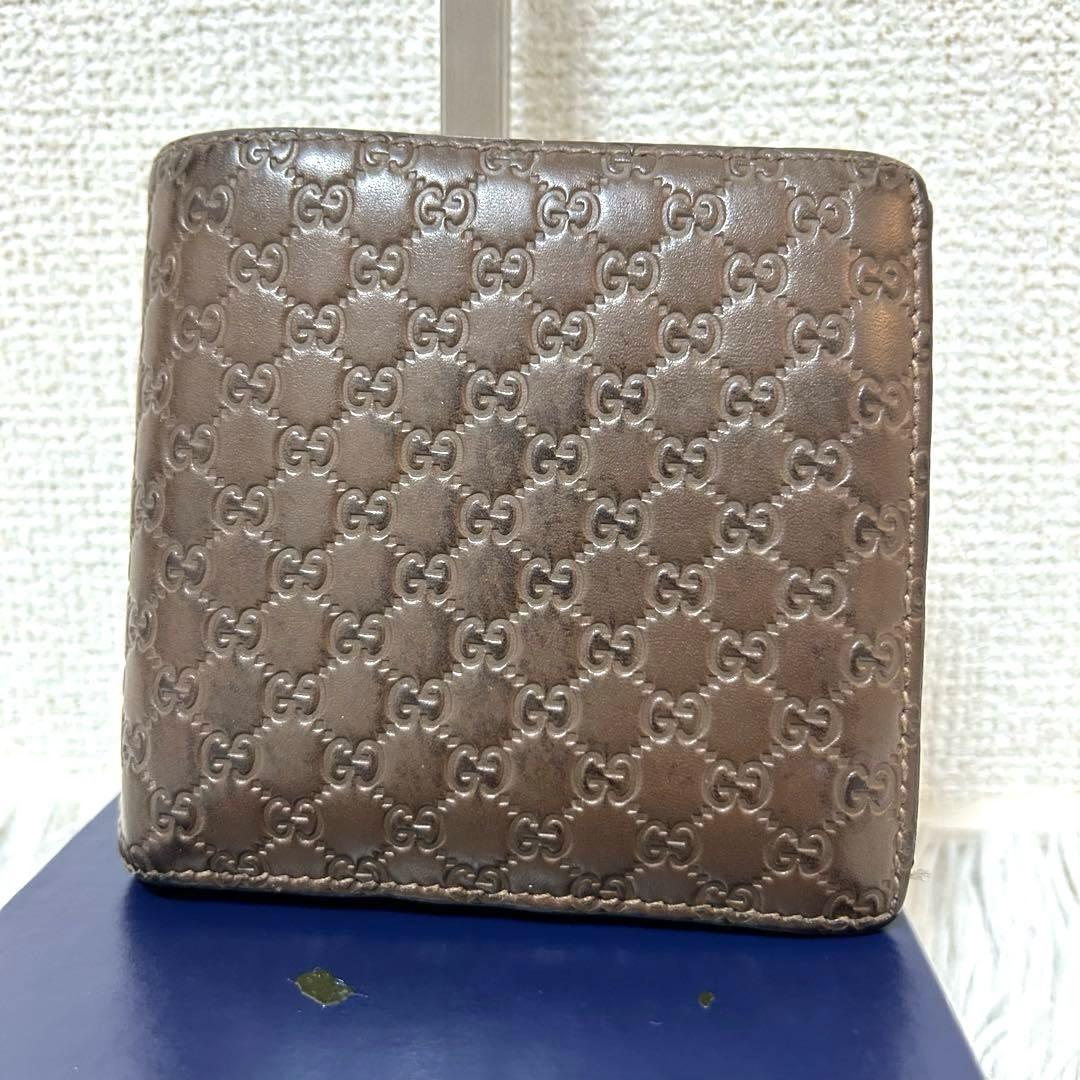 【人気✨マイクロシマ/レザー】グッチ　二つ折り財布　ブラウン　レザー　男女兼用