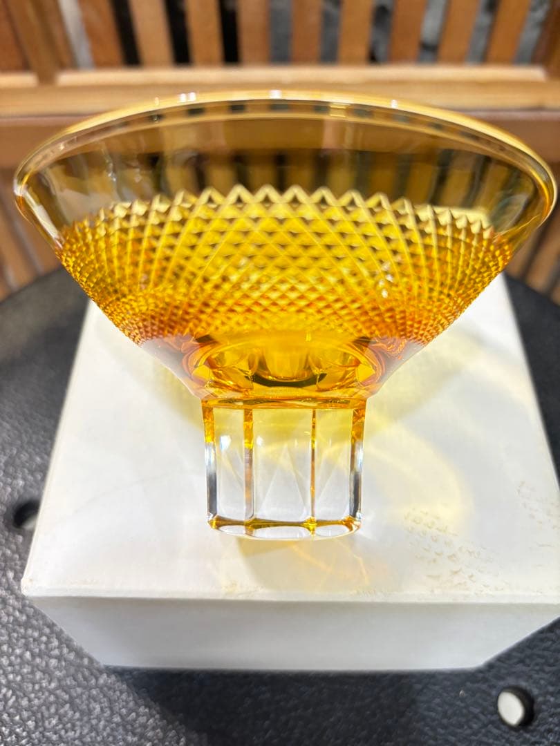 超美品 江戸被切子 二代 岳茂 作品ダイヤモンドカット 黄色 激安投売り