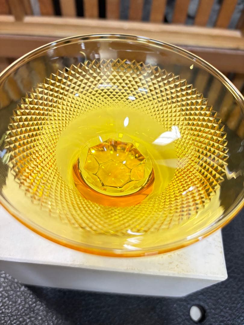 超美品 江戸被切子 二代 岳茂 作品ダイヤモンドカット 黄色 激安投売り