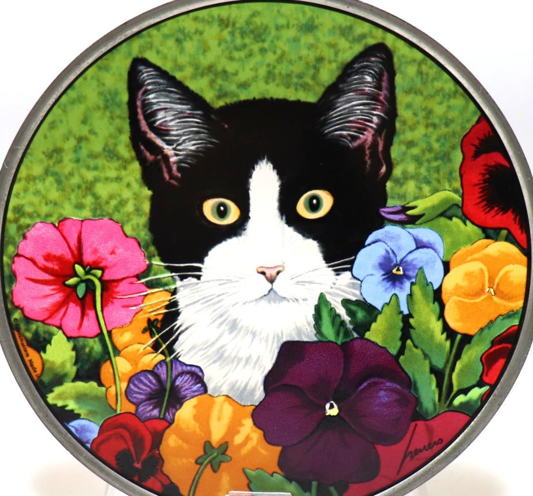 カラフルな花に囲まれた猫 ヴィンテージ ステンドグラス ローウェル・エレーロ