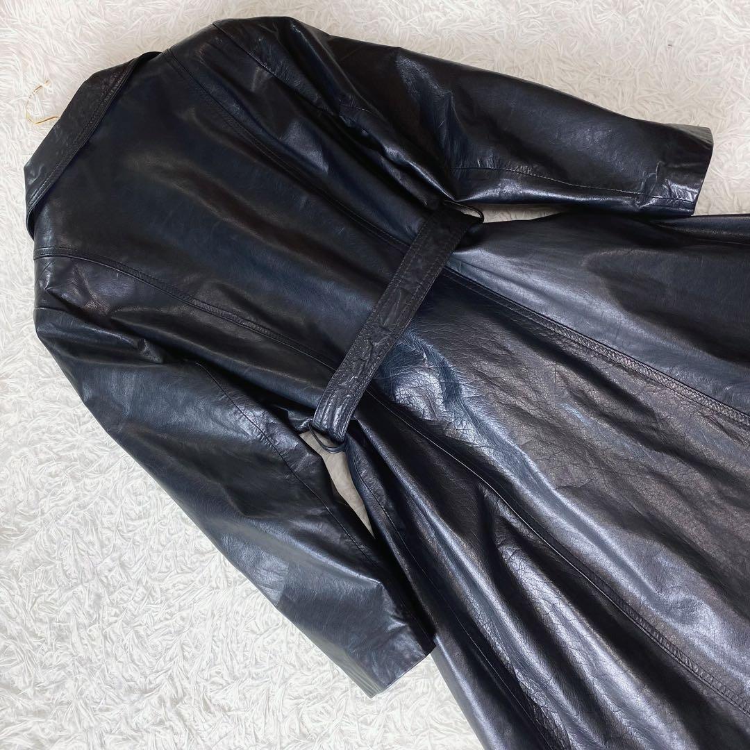 値下げ中 牛革 本革 レザー トレンチコート ロングコート ウエストリボン 黒