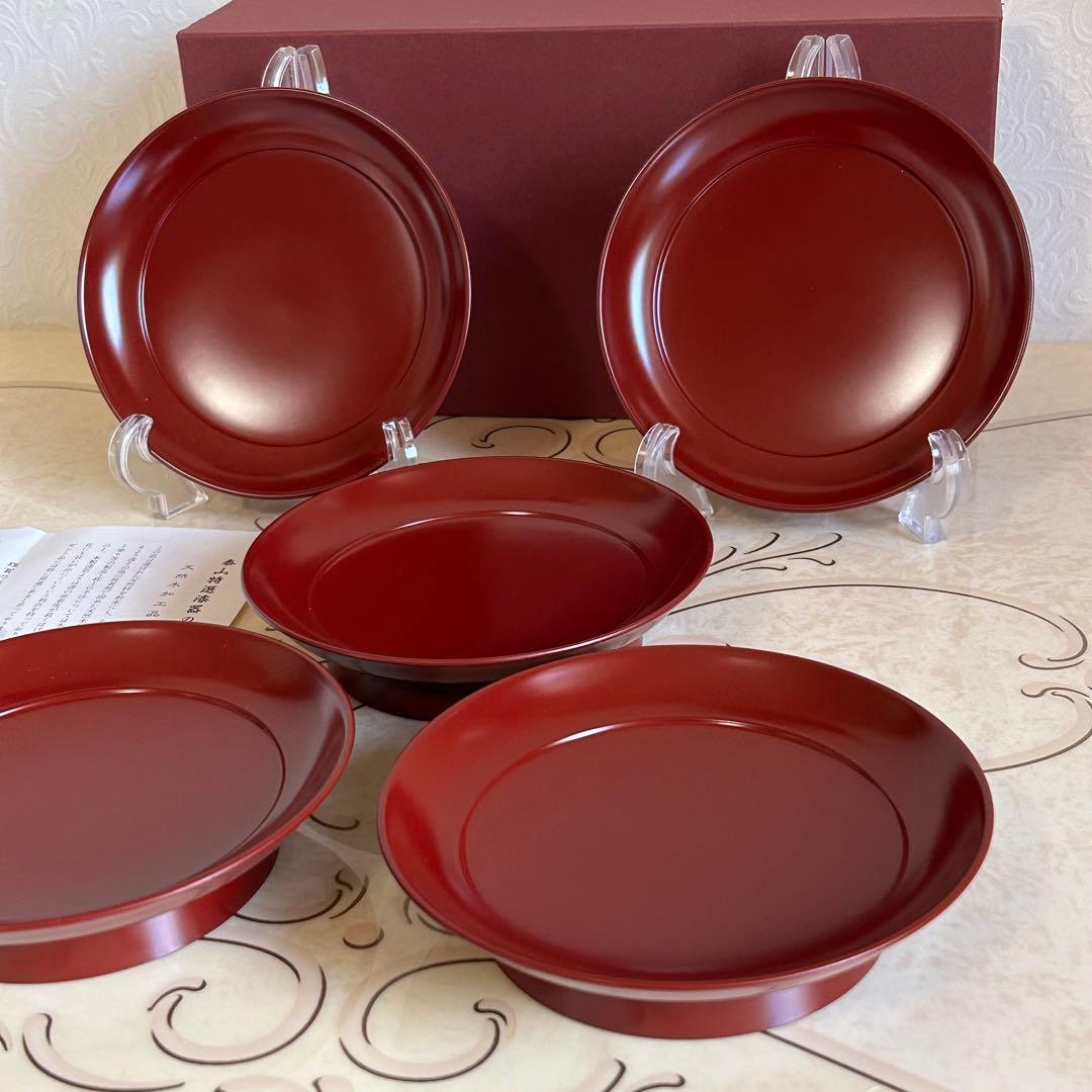 輪島塗　椿皿　高台銘々皿　漆器　5枚セット　古代朱　うるし塗　高台皿