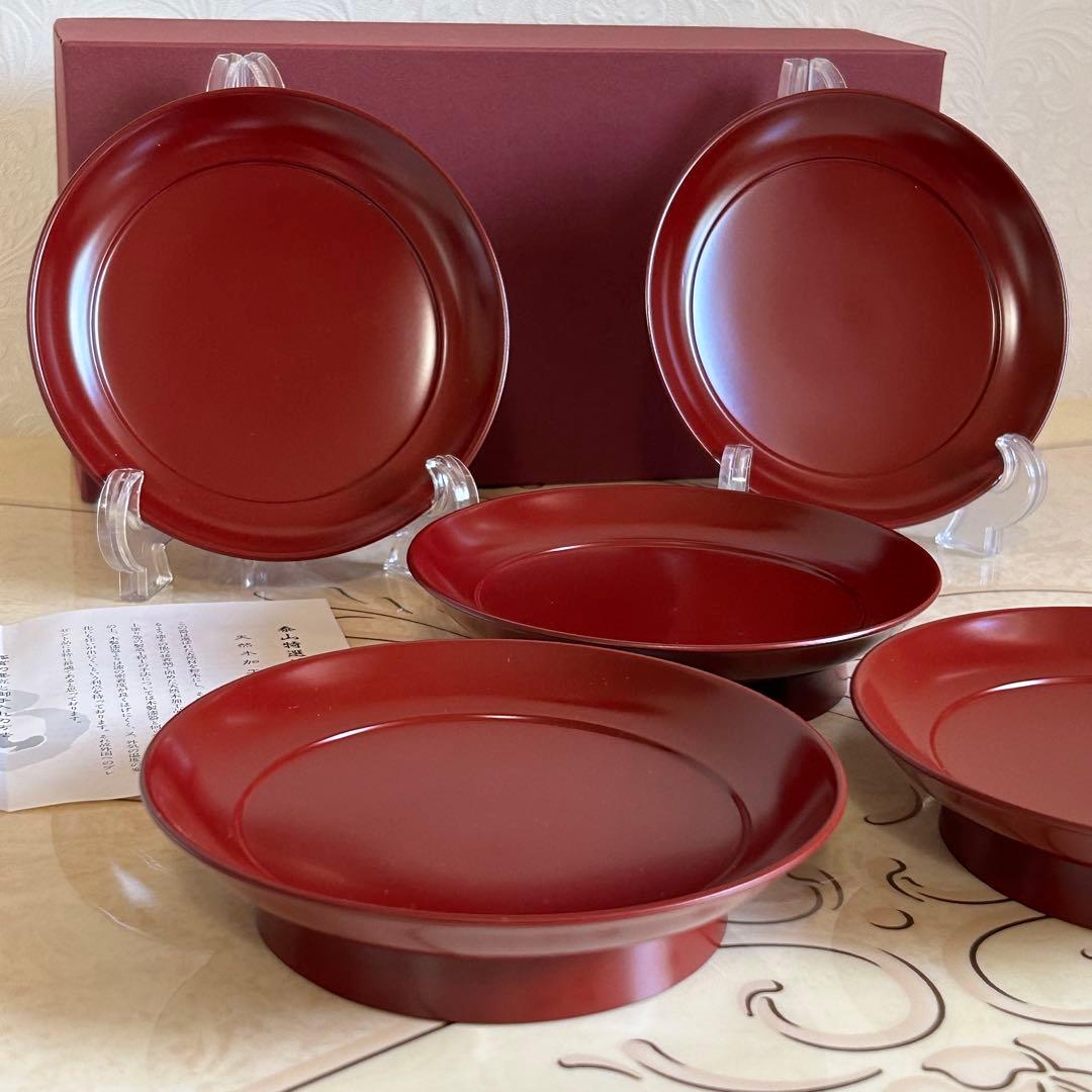 輪島塗　椿皿　高台銘々皿　漆器　5枚セット　古代朱　うるし塗　高台皿