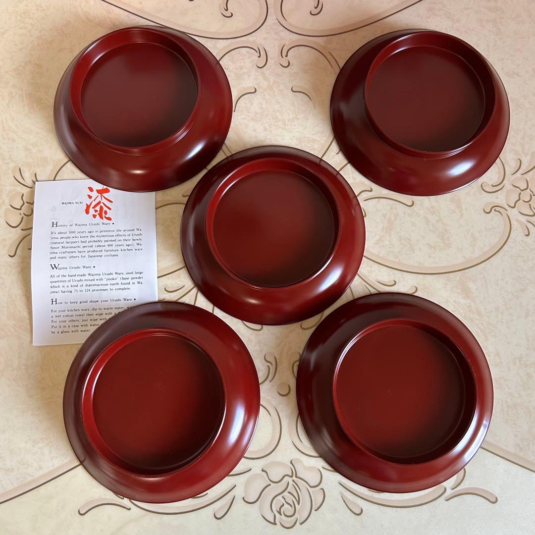 輪島塗　椿皿　高台銘々皿　漆器　5枚セット　古代朱　うるし塗　高台皿