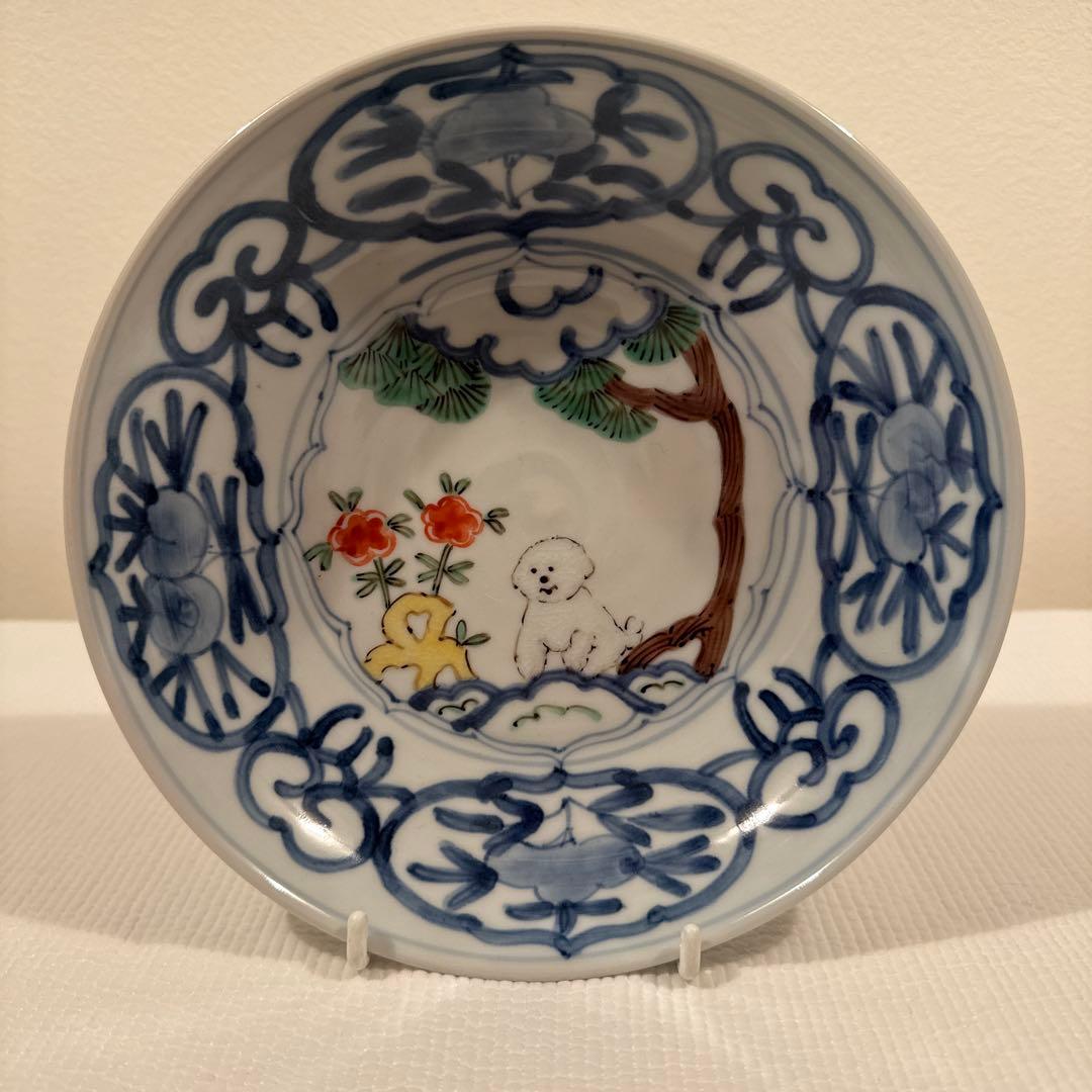 堀畑蘭 6寸深皿 松と白犬