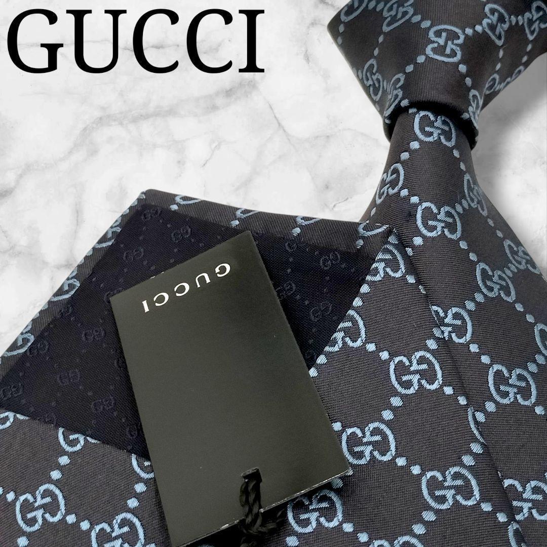 未使用　グッチ　ネクタイ　GGパターン　格子　ジャガード　マーモント　光沢　濃紺