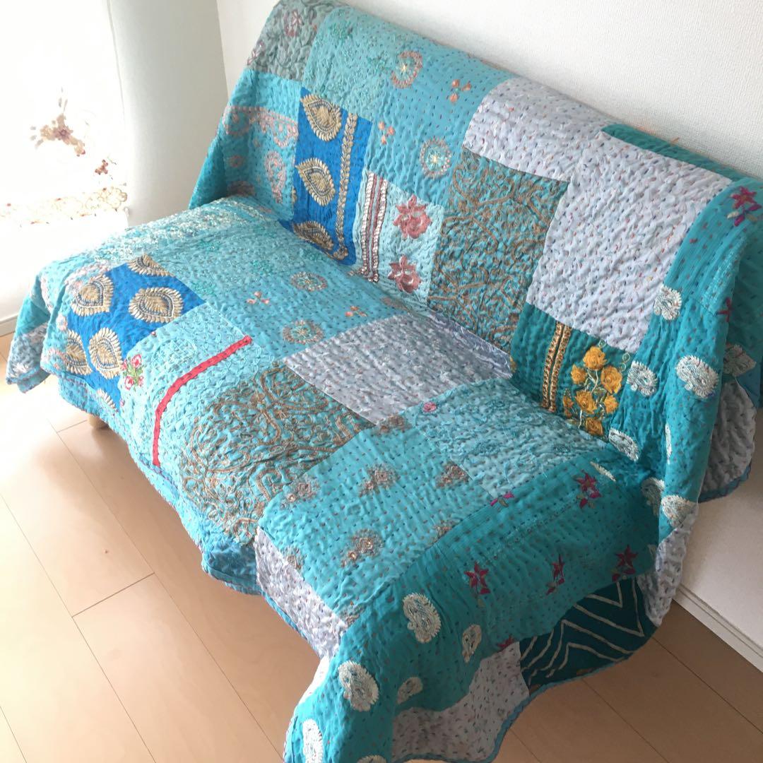 ＃152 刺繍パッチワークカンタキルト　ターコイズ