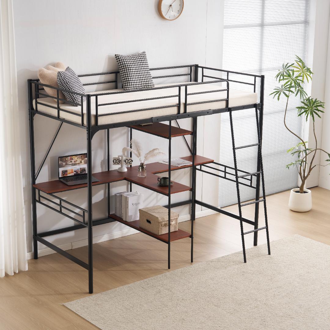 2025年新作 ロフトベッド シングル 収納棚付き 北欧風 木目 子供ベッド