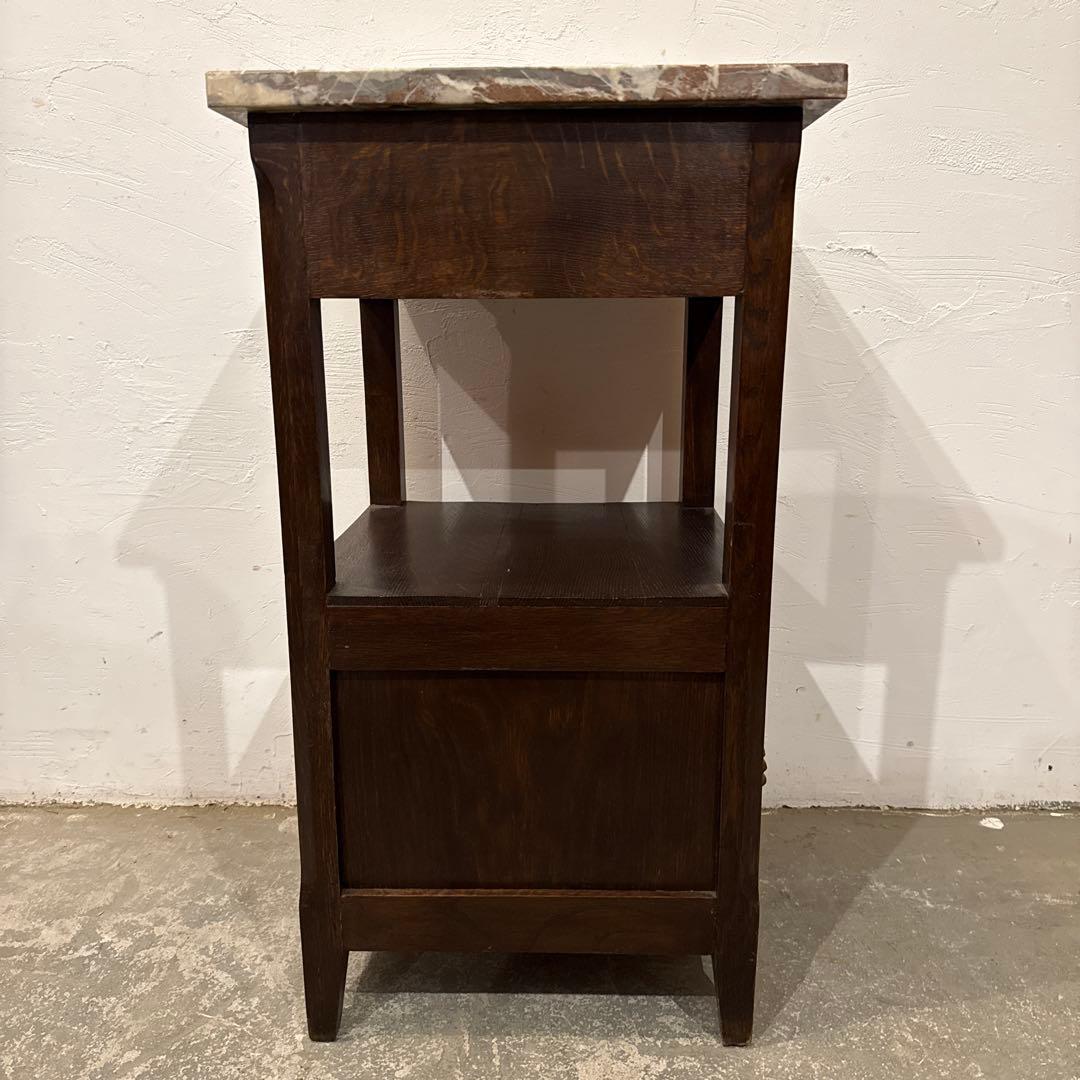 ヴィンテージ　木製サイドテーブル　引き出し/扉収納付き　大理石天板