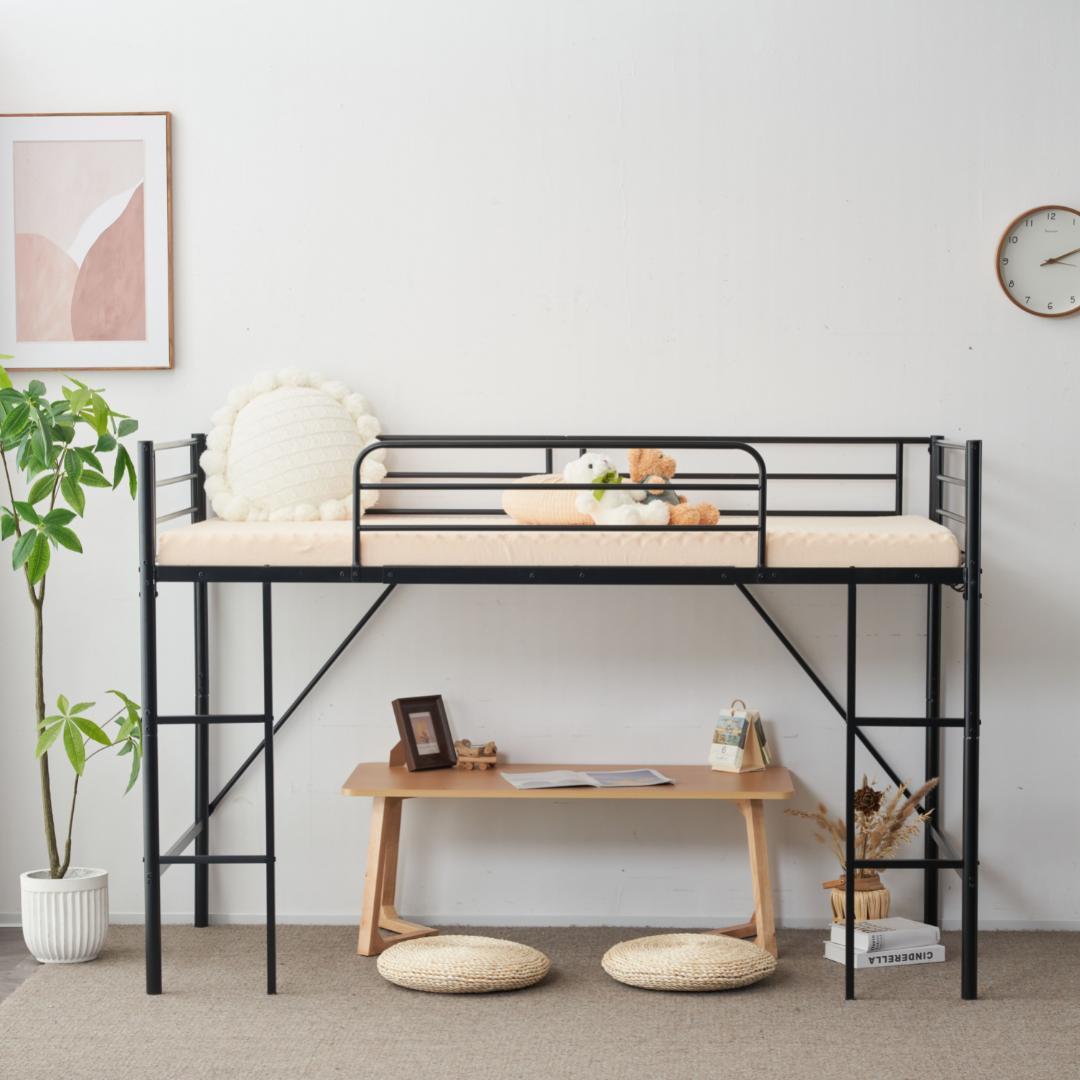 【新作】【ブラック】ロフトベッド パイプベッド シングル ベッド デスク付