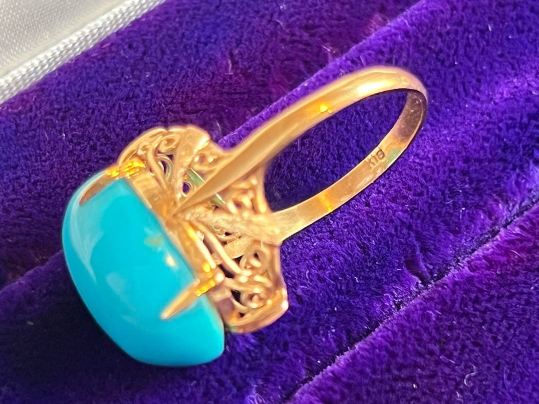 K18刻印 大粒ターコイズ ゴールドリング 指輪　ヴィンテージ