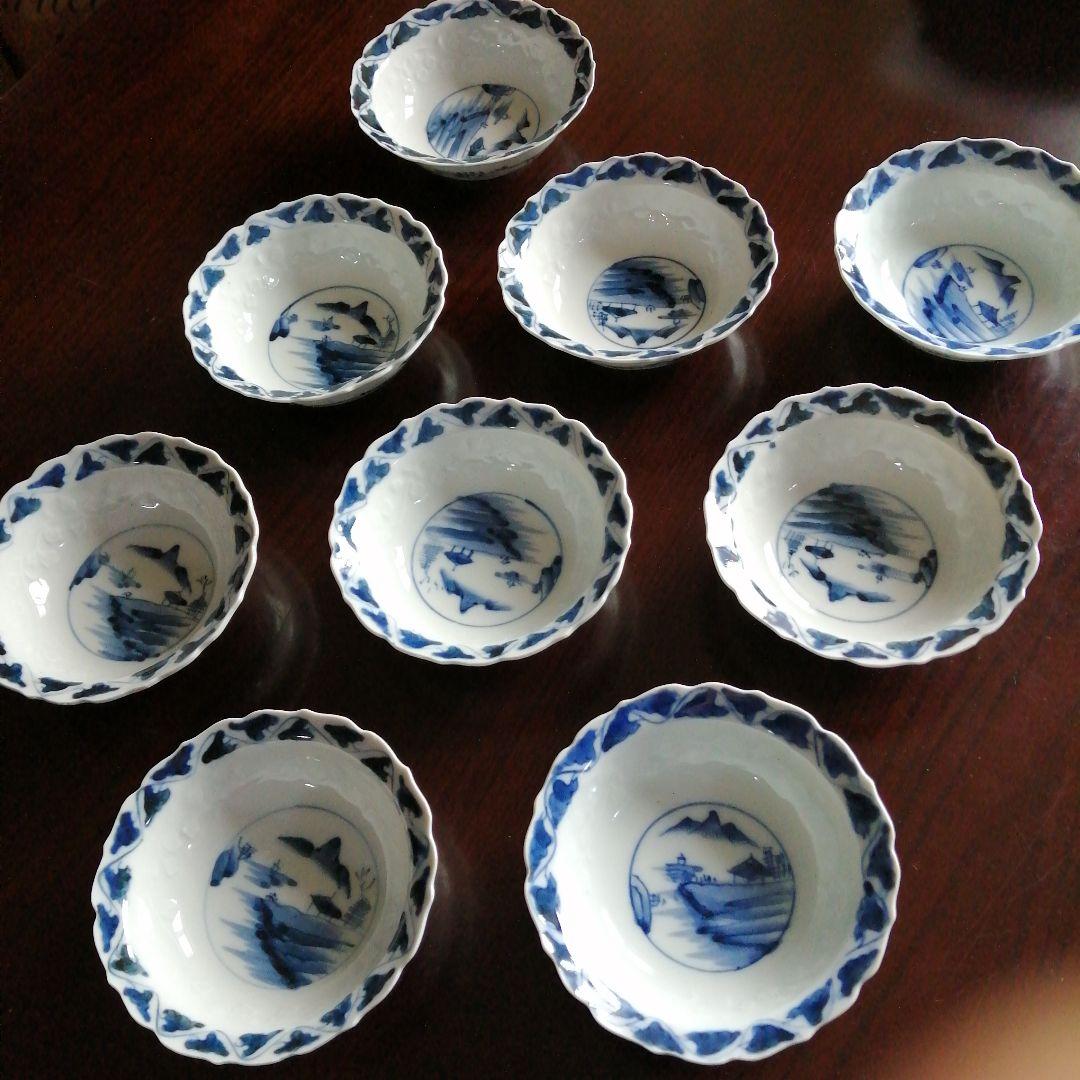 伊万里　染付輪花縁小鉢　9客　13cm　大正〜昭和初期