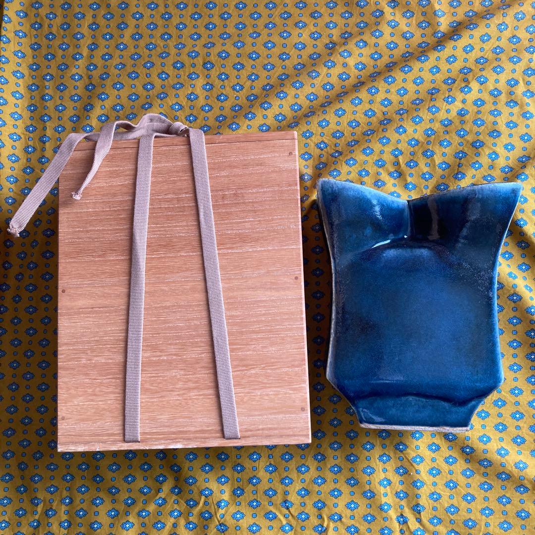 民芸　民藝　作者不明　呉須　花瓶　陶器　扁壺　華道具