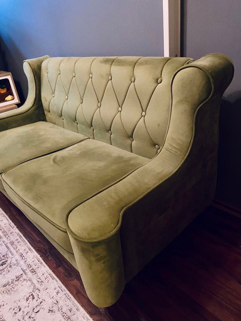 【送料込】アンティーク調 2人掛けソファ 2WAY仕様・オリーブグリーン