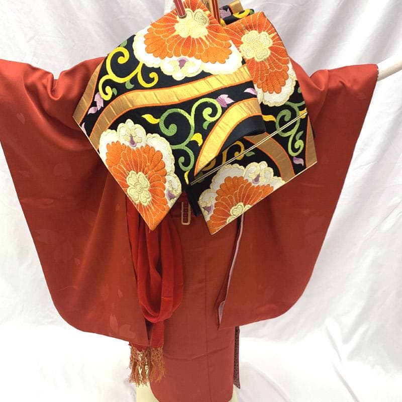 512ag46■七五三 七歳 女児 着物&六通袋帯&長襦袢 鳩車■美品