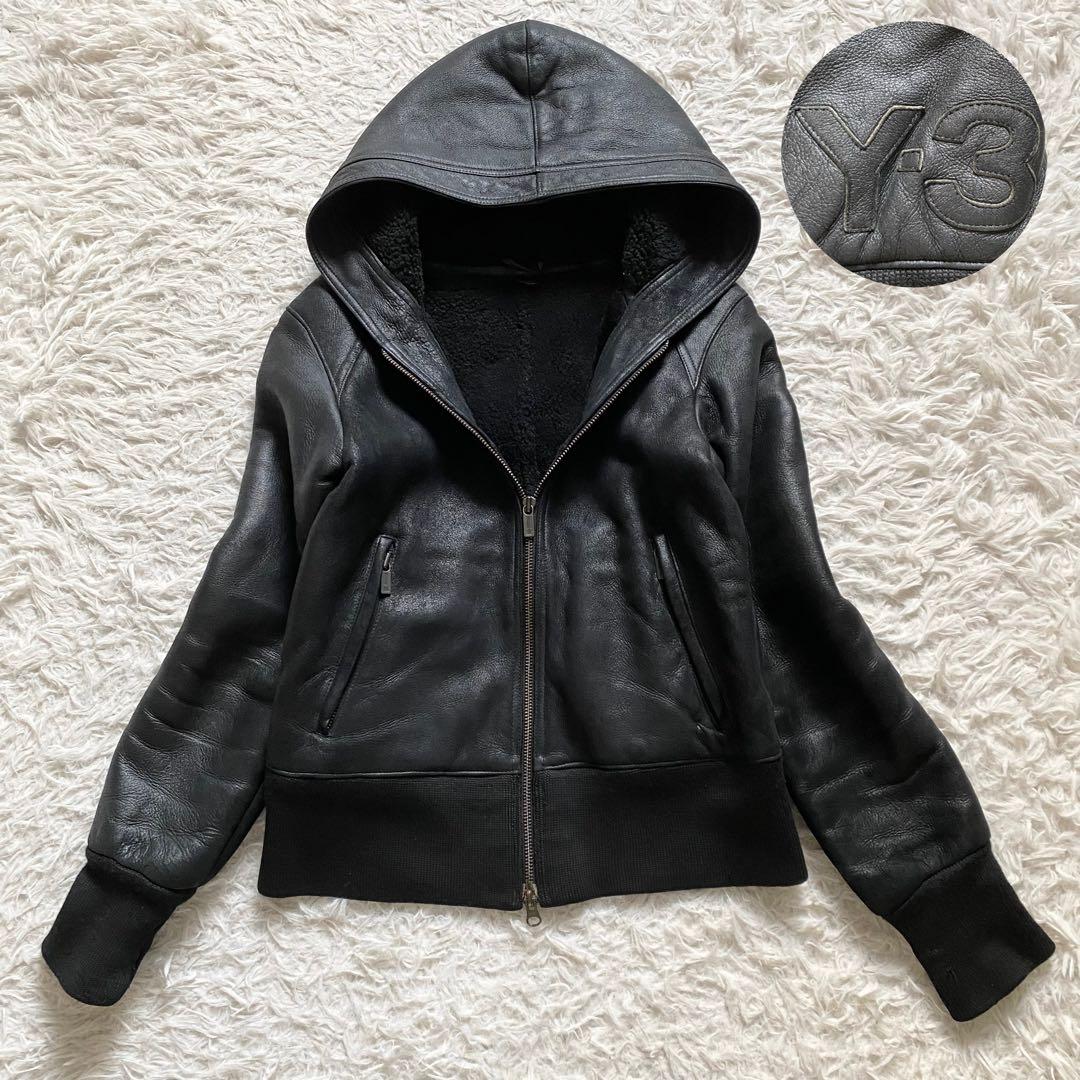美品■Y-3　ムートンジャケット　ラムレザー　　裏ボア　レザーパーカー　ブラック
