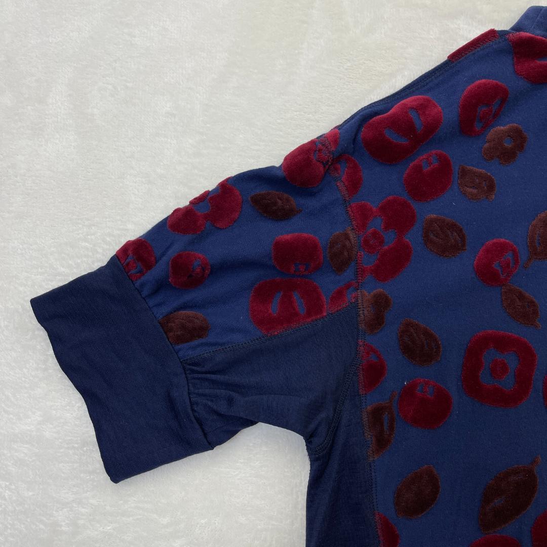 ann吉　ベロア切り替えプルオーバー　柿柄　フロッキープリント　ネイビー