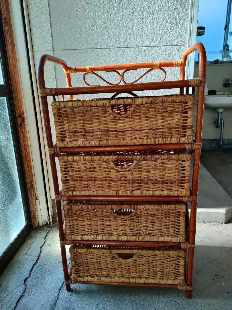 ●ヴィンテージ 籐 ラタン 4段 チェスト天然素材引き出しアジアン家具 和モダン