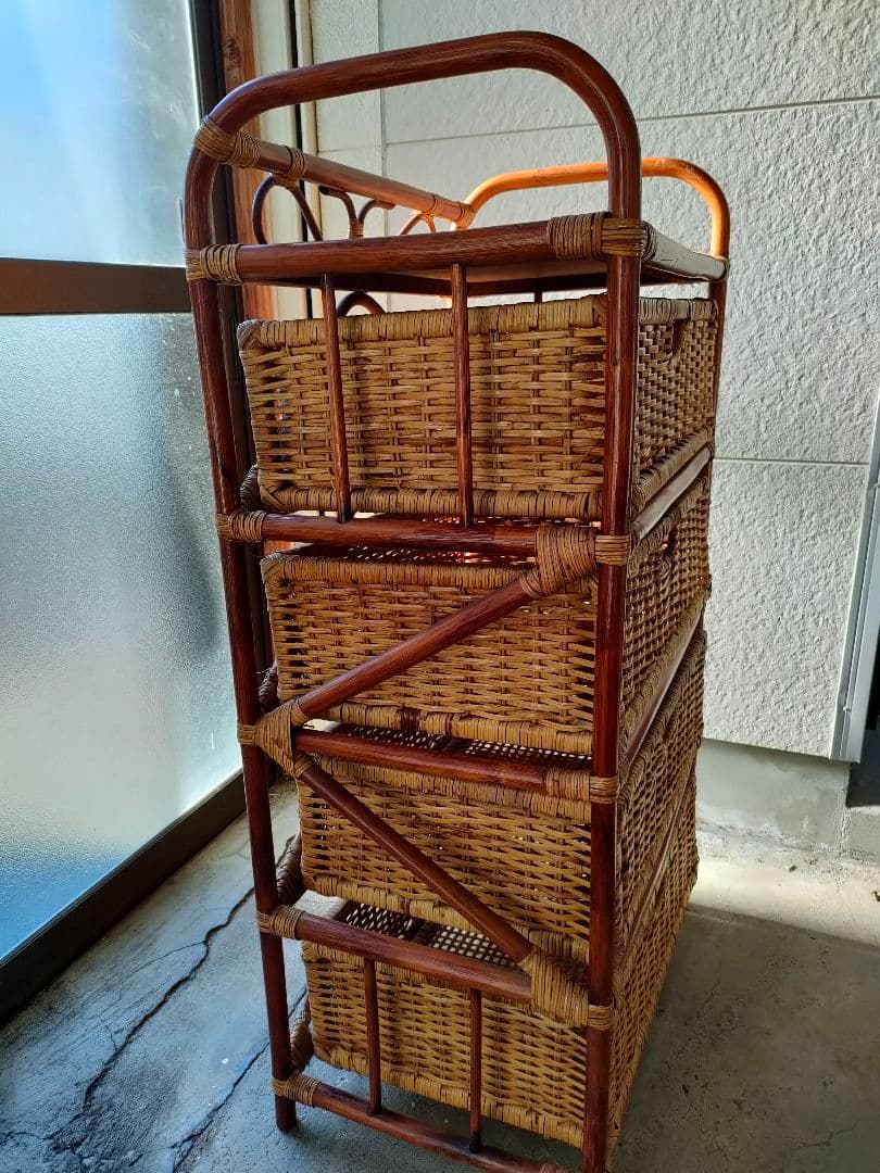 ●ヴィンテージ 籐 ラタン 4段 チェスト天然素材引き出しアジアン家具 和モダン