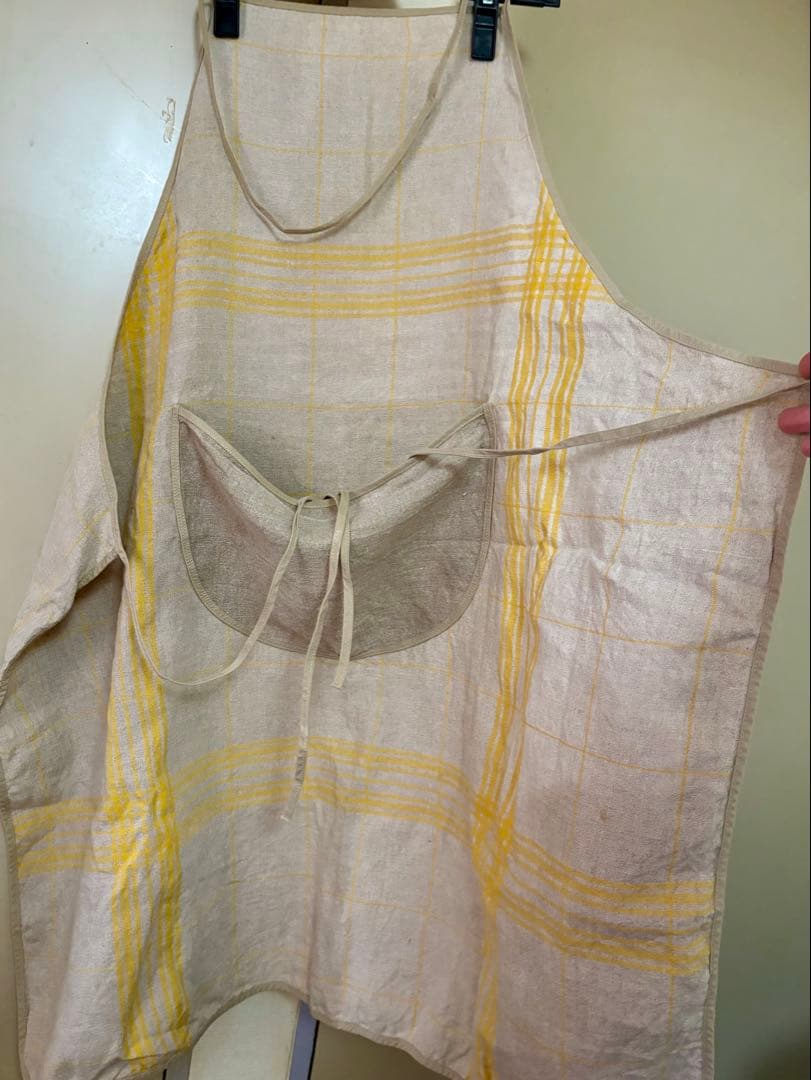 フランス製　リネン　チェック柄エプロン