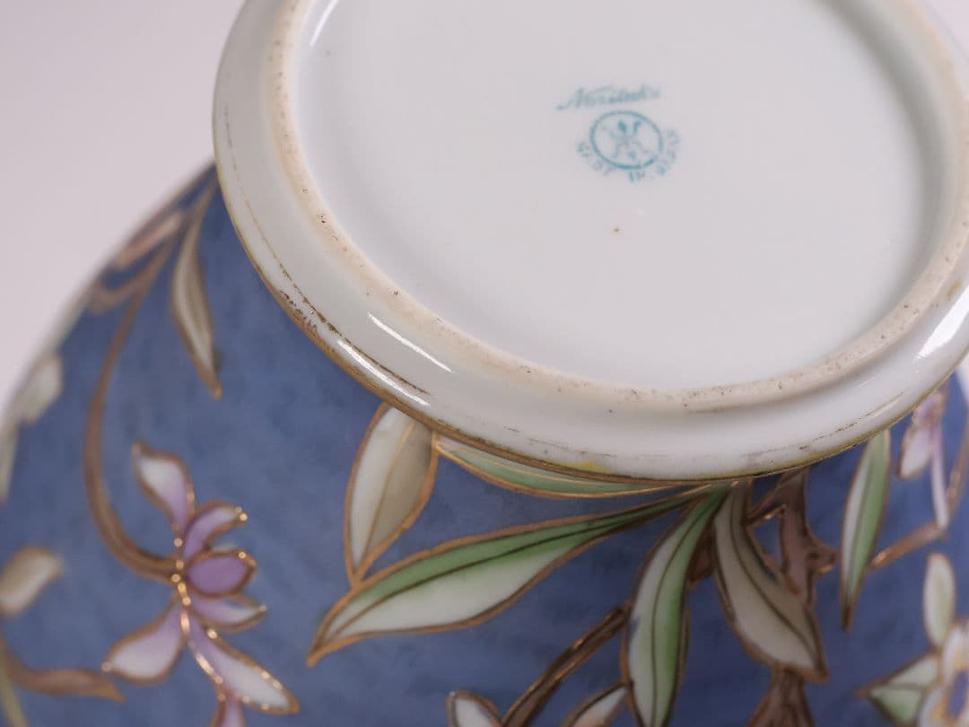 【CM306】オールドノリタケ 草花 花瓶 高17.5cm 金彩 花入 青 明治