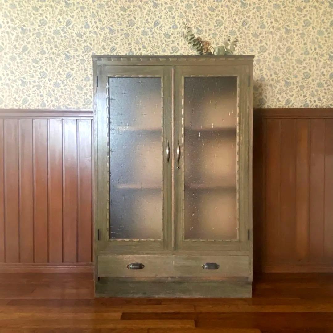 アンティーク家具　本棚　模様ガラス銀河　当時物　鍵付き