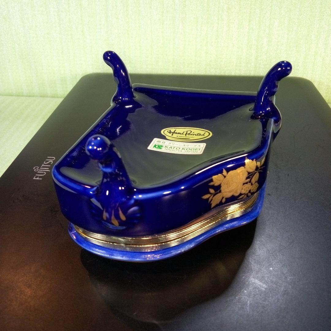 青いピアノ型オルゴール　花柄　KATO KOGEI　グリーンスリーブス　レア