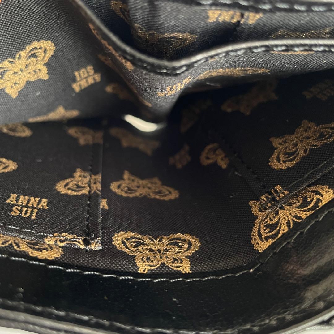 極美品 ANNA SUI 二つ折り財布 黒 レザー バタフライ 蝶 コンパクト