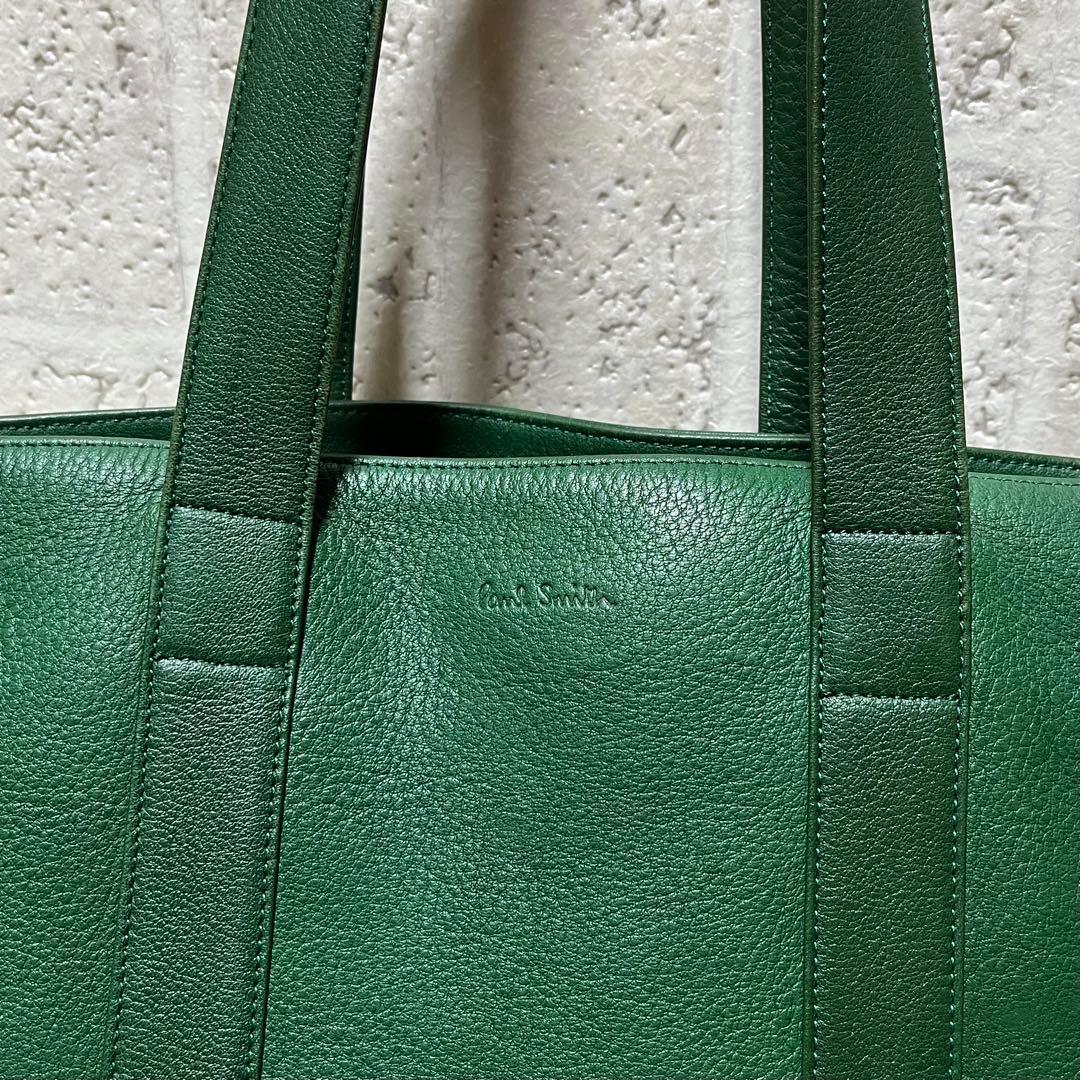 美品 ポールスミス フルレザートートバッグ ダークグリーン 肩掛け可能 8997