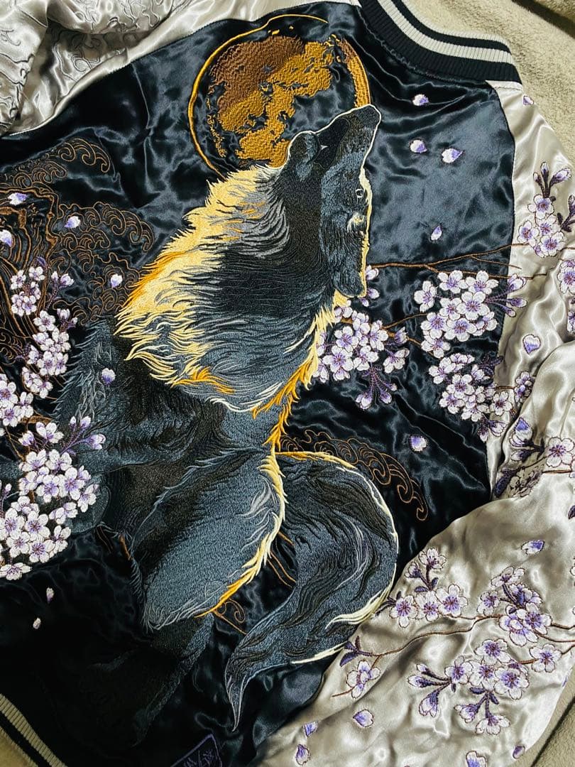 絡繰魂 美品 ２面用 狼月 日本限定版 スカジャン レーヨン unisex