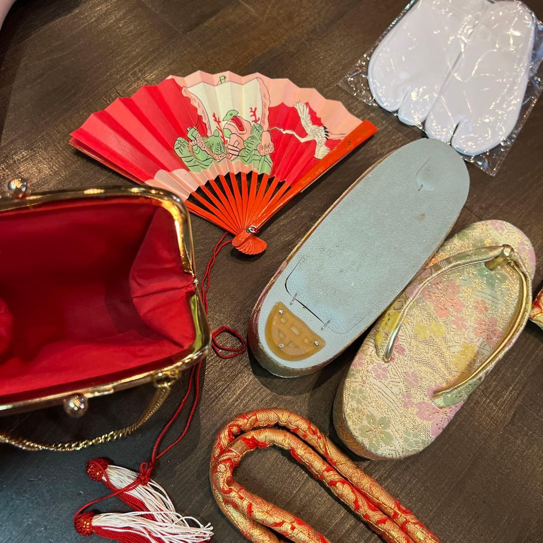 アンティーク 七五三 105cm前後 着物 作り帯 小物一式 フルセット 鼓 赤