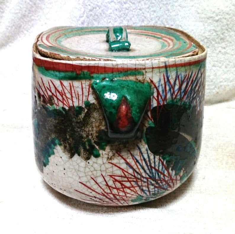 乾山写水指 手描き植物模様 木箱付きA468