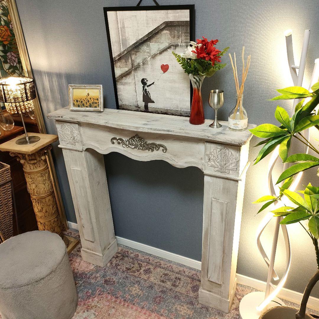 アンティーク調シャビー マントルピース 装飾棚 シャビーグレー