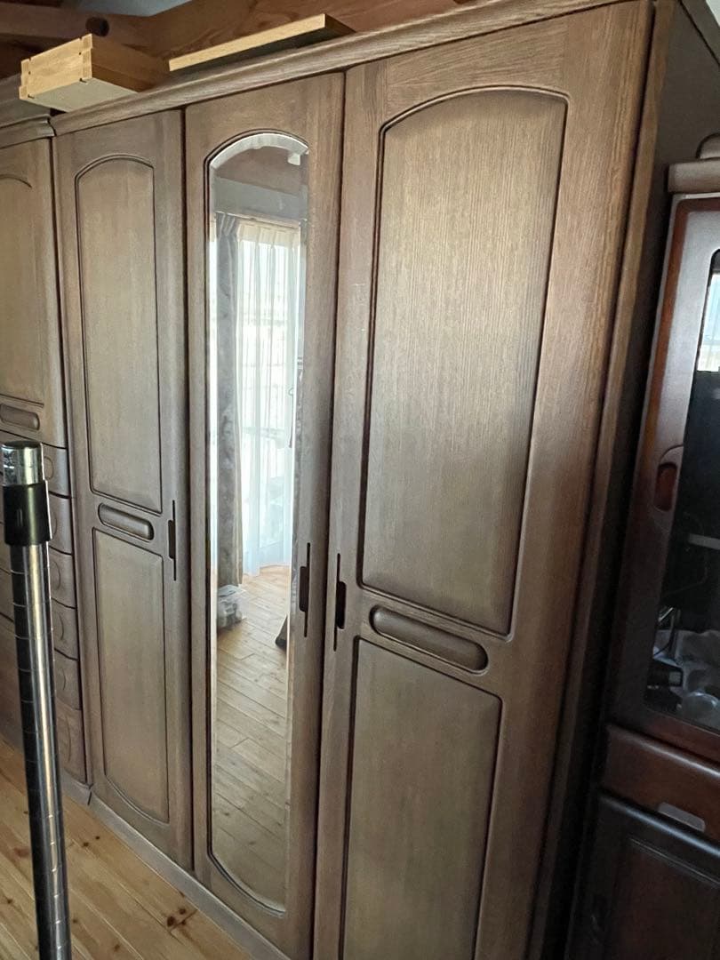 ブラウン 3扉 ミラー付き衣類収納ケース