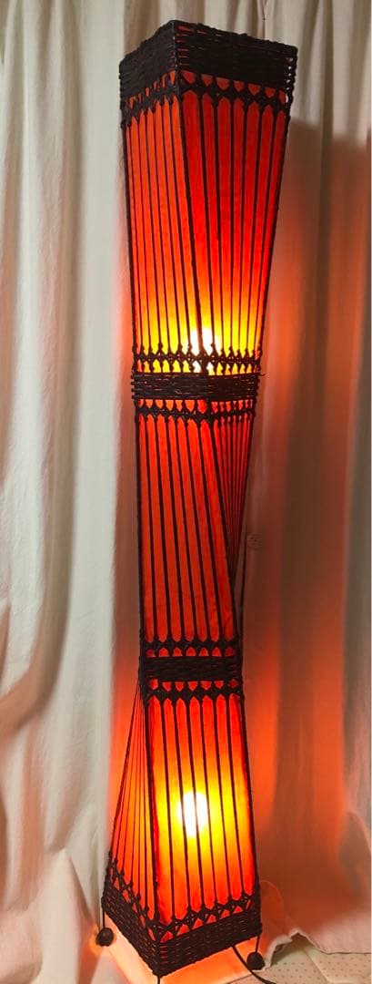 フロア照明2灯式　ラタン✖️布　トールライト　アジアン　バリ　寝室　店舗にも　美品