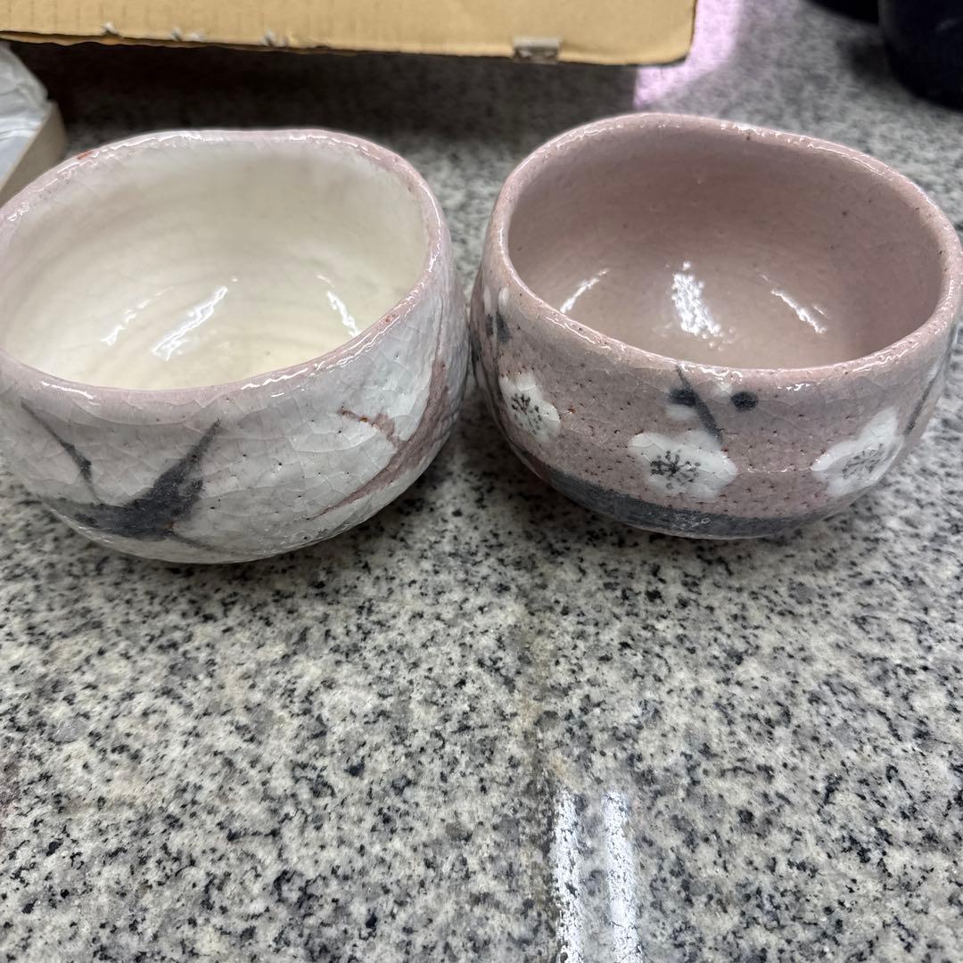 陶器製茶碗 抹茶茶碗 鶴 工芸品 美術品 2つセット 茶道具 小物 格安