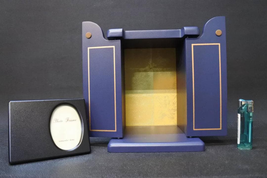 限定値下　長期保管品　ペット仏壇　木製　写真立て付　紺　仏具　仏壇　1055