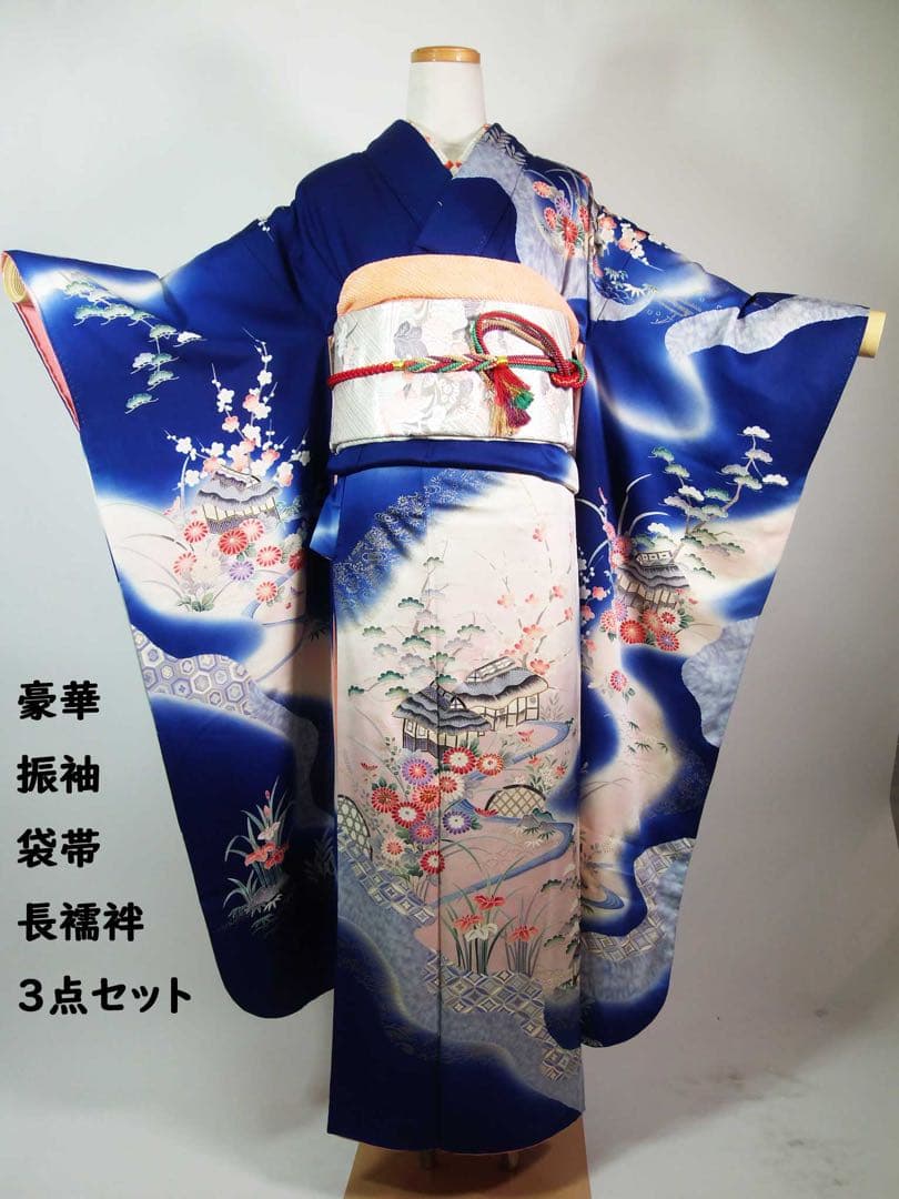 豪華3点セット友禅振袖／茶屋辻文様＊金駒刺繍＊古典風景文様／袋帯・長襦袢付き