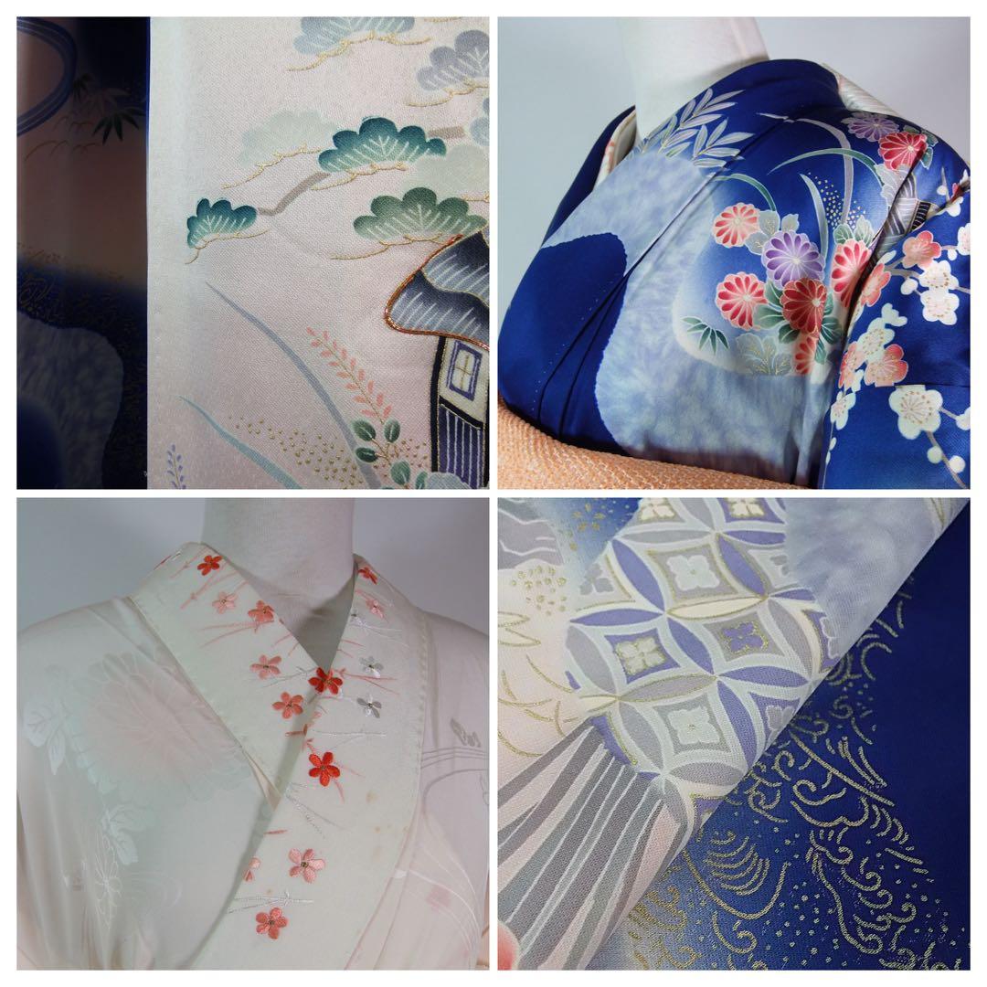 豪華3点セット友禅振袖／茶屋辻文様＊金駒刺繍＊古典風景文様／袋帯・長襦袢付き