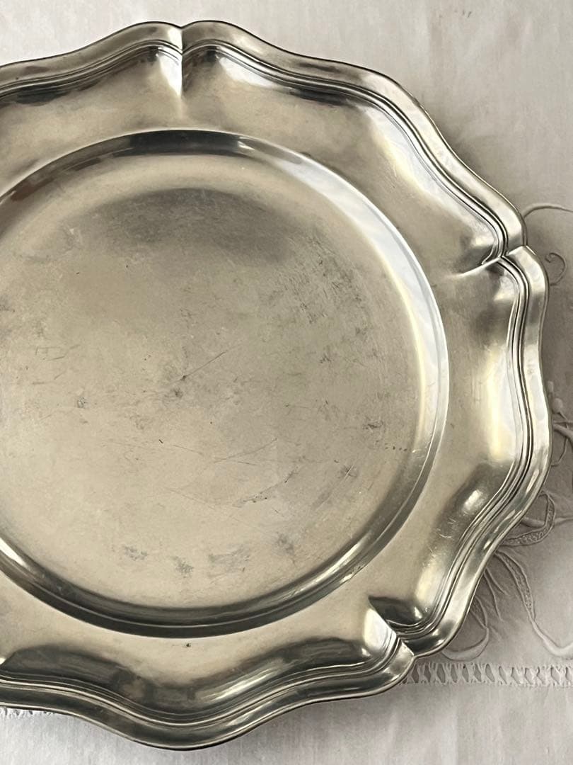 【美品】フランスアンティーク ピューター花リムプレート 37cm特大 2797