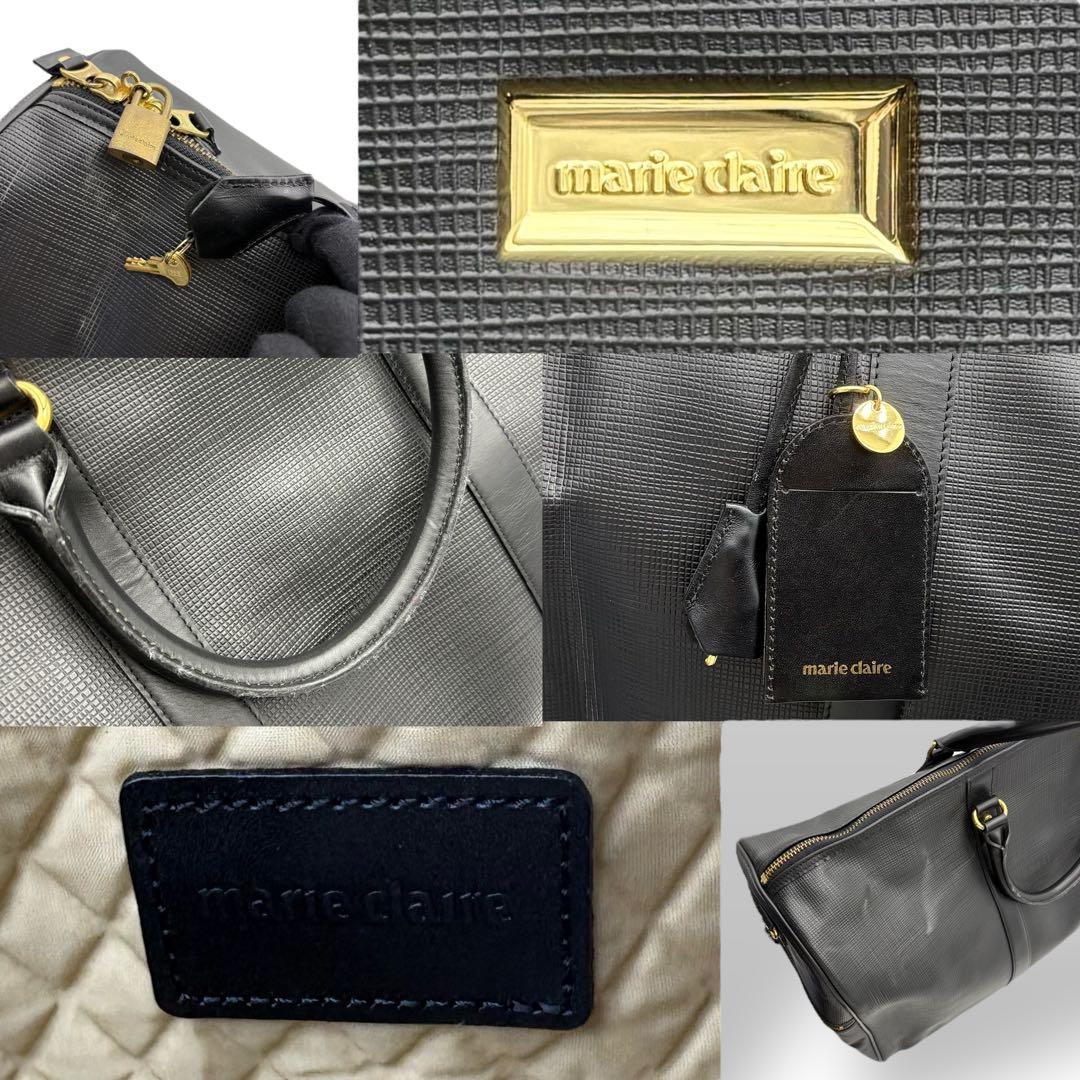 マリクレール ボストンバッグ 腕掛け レザー ブラック 金具ロゴ 鍵付き 大容量