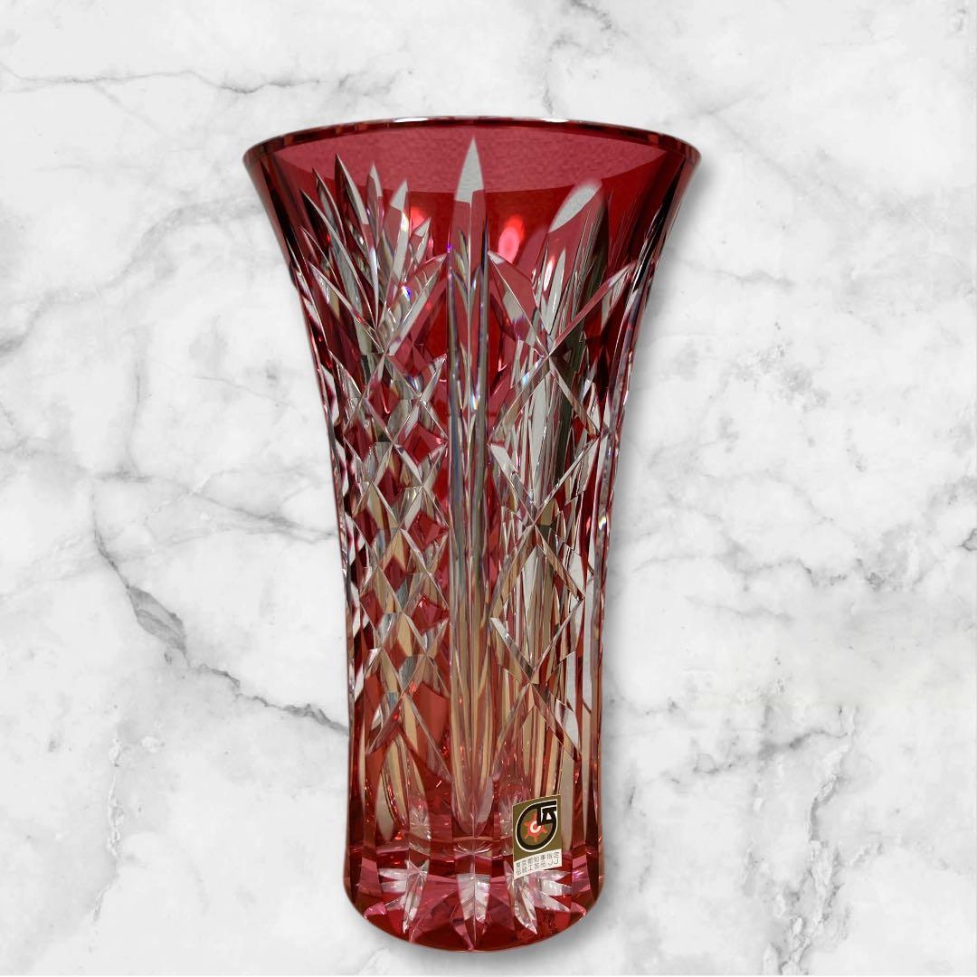 江戸切子 赤花瓶 星型 外箱付 クリスタルガラス 花器　東京都指定 伝統工芸品