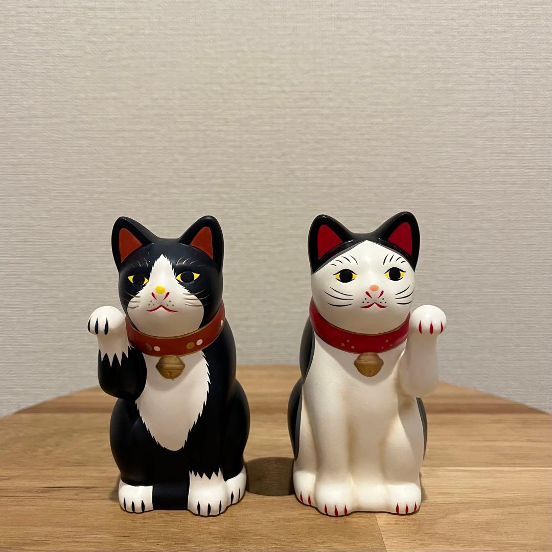 瀬戸焼　招き猫　ネイビー　ブチ　3号　2個セット　箱無し