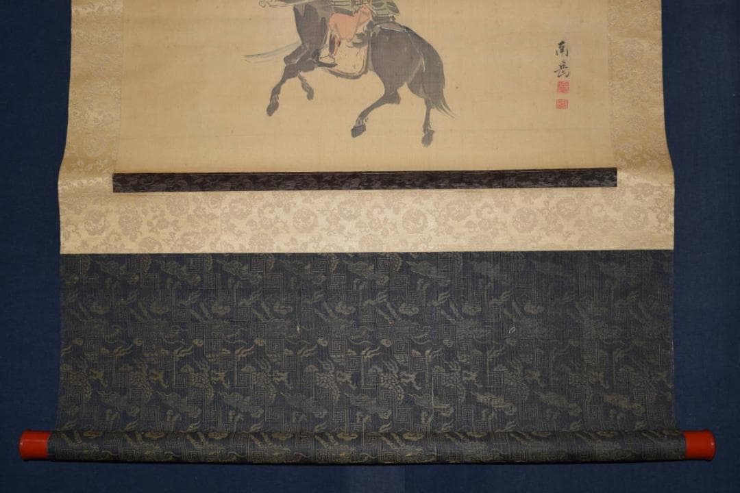 【真作】渡辺南岳/武者絵之図/馬上人物図/掛軸☆宝船☆X-236　JM