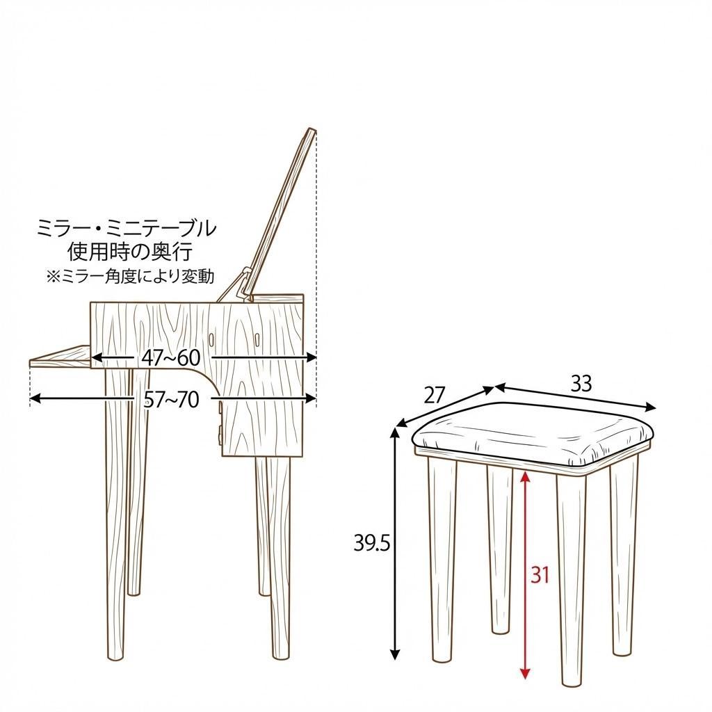 ◆訳あり◆【新品】北欧風　ドレッサー＆スツールセット　LED女優ライト　デスク