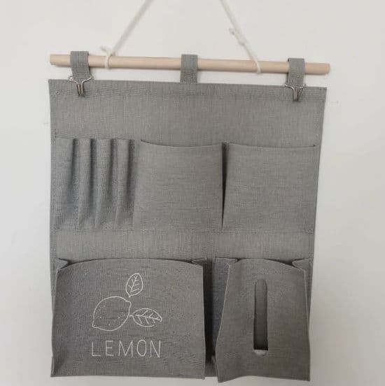 グレー レモン刺繍 ウォールポケット