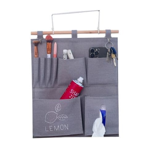 グレー レモン刺繍 ウォールポケット