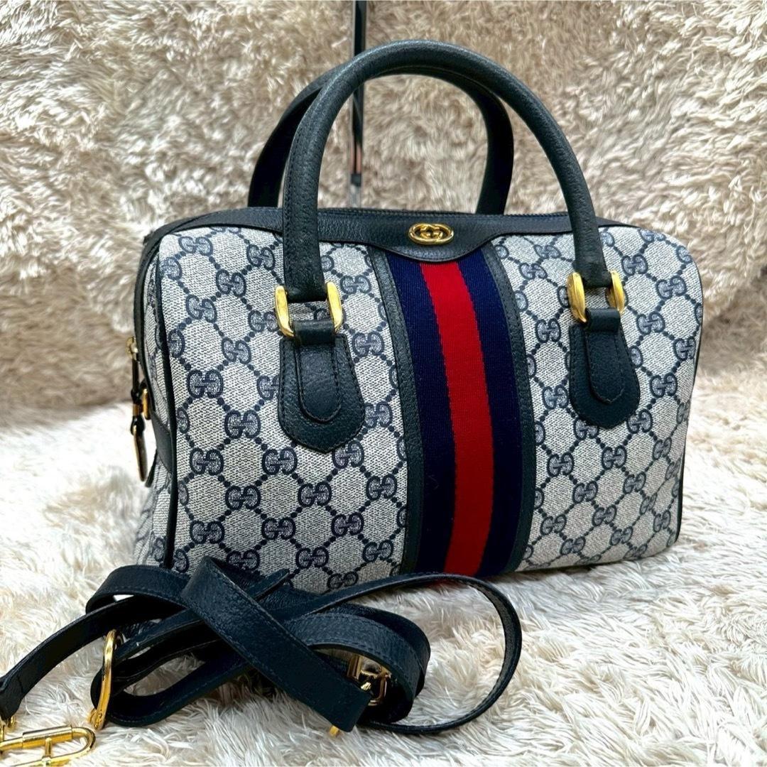 【美品】グッチ ショルダーバッグ ミニボストン 2way ネイビー スプリーム